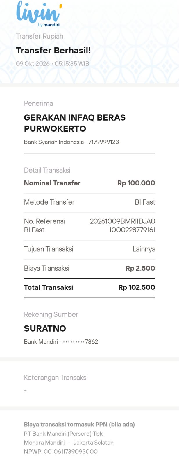 Livin’ by Mandiri · Infak Rp100.000 · 9 Oktober 2026