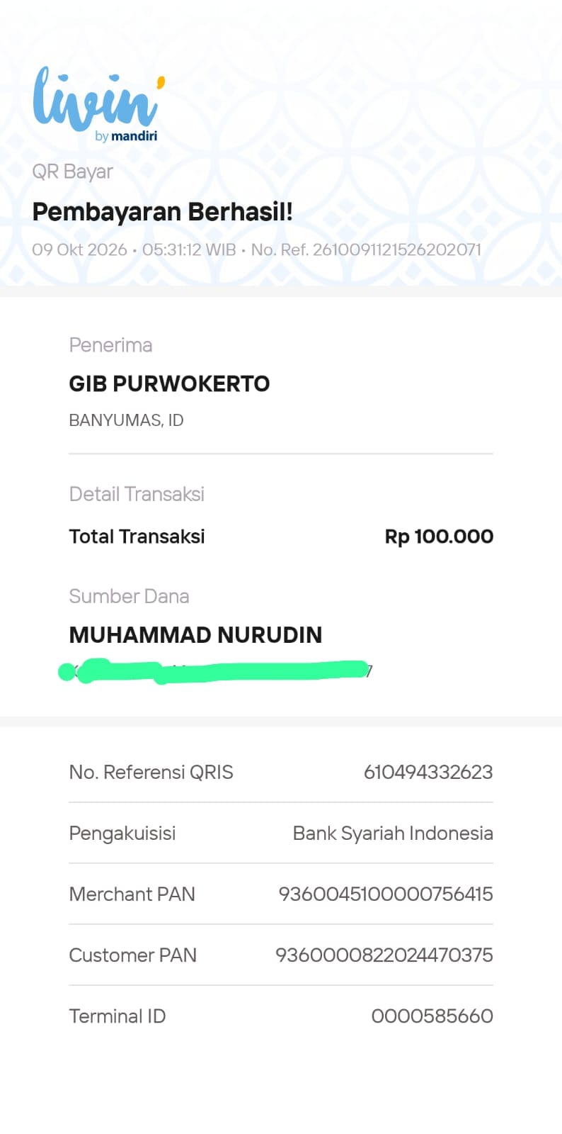 QRIS · Infak Rp100.000 · 9 Oktober 2026