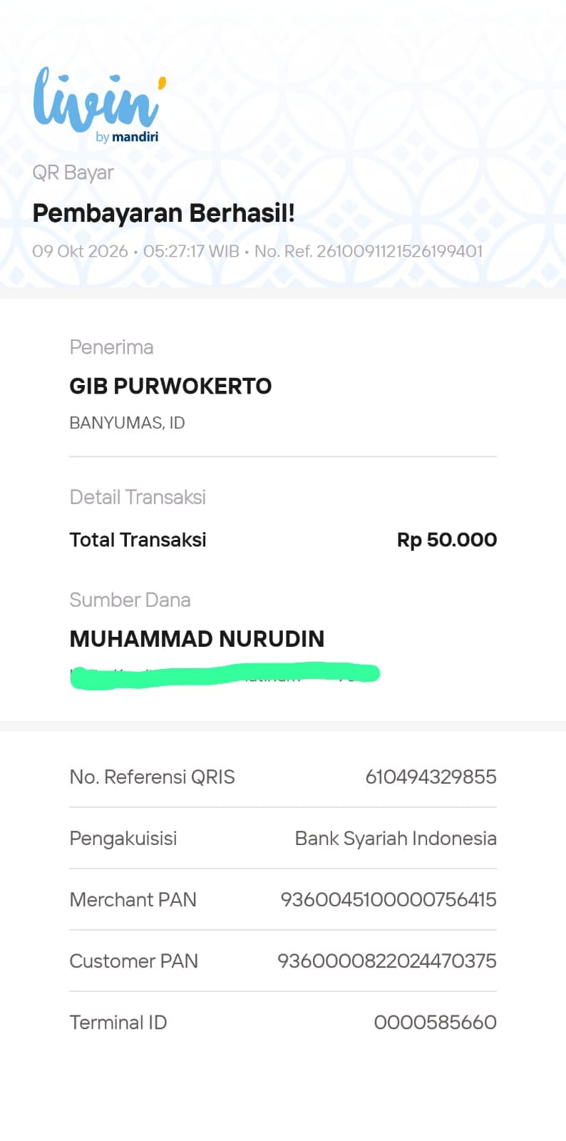 QRIS · Infak Rp50.000 · 9 Oktober 2026